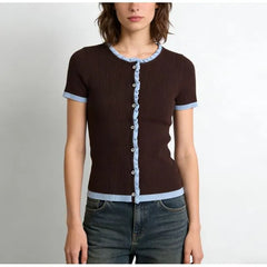 Short Sleeve Color-Block Ruffled-Trim Button-Up Slim-Fit Knit Top