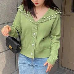 [XL-3XL] Collared V-Neck Plain Faux Pearl Button Cardigan