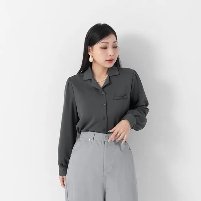 [L - 3XL] Camp Collar Plain Long-Sleeve Blouse