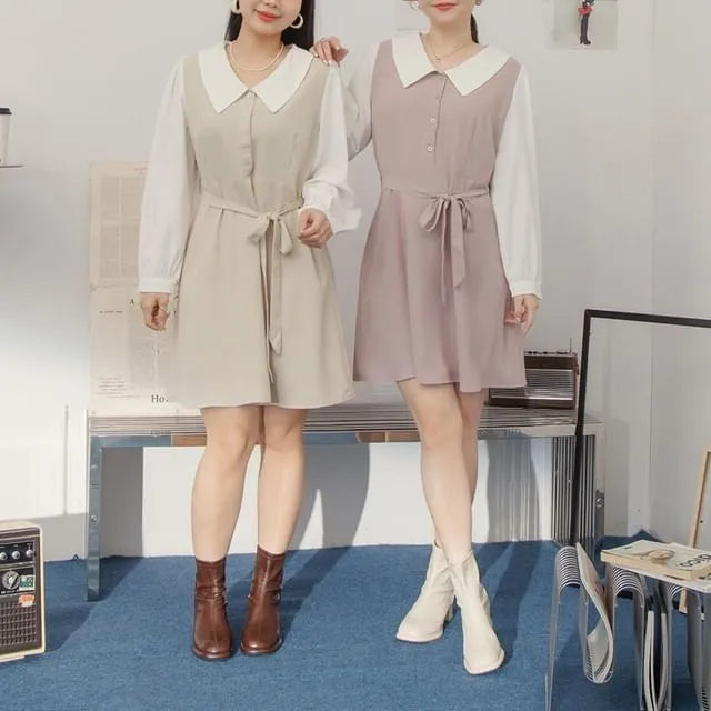 [L - 3XL] Mock Two-Piece Peter Pan Collar Long Sleeve A-Line Mini Dress