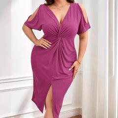 [XL -3XL] Short-Sleeve V-Neck Plain Cutout Ruched Front-Slit Midi Sheath Dress