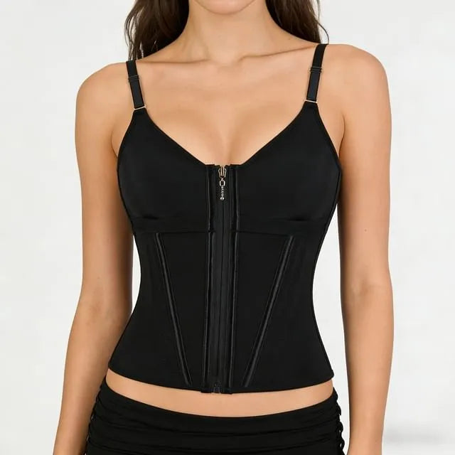 V-Neck Plain Zip-Up Crop Corset Top