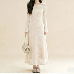 Long-Sleeve Round Neck Plain Lace Maxi A-Line Dress