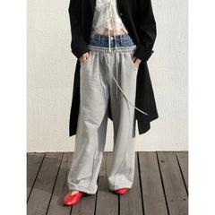 Elastic Waist Denim Panel Loose-Fit Wide-Leg Sweatpants