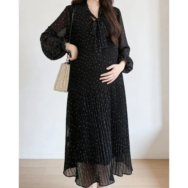 Maternity Long-Sleeve Tie-Neck Polka Dot Loose Fit Midi Dress