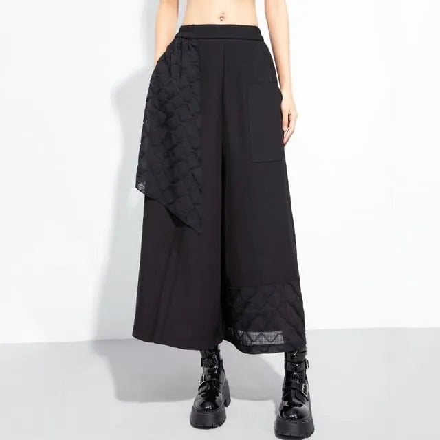 Mid Waist Lace Panel Crop Wide Leg Pants