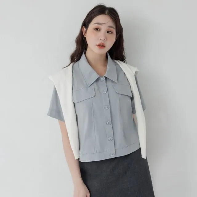 [L - 3XL] Plain Collared Button-Up Short-Sleeve Crop Shirt