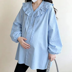 Maternity Long-Sleeve V-Neck Plain Ruffle Trim Blouse
