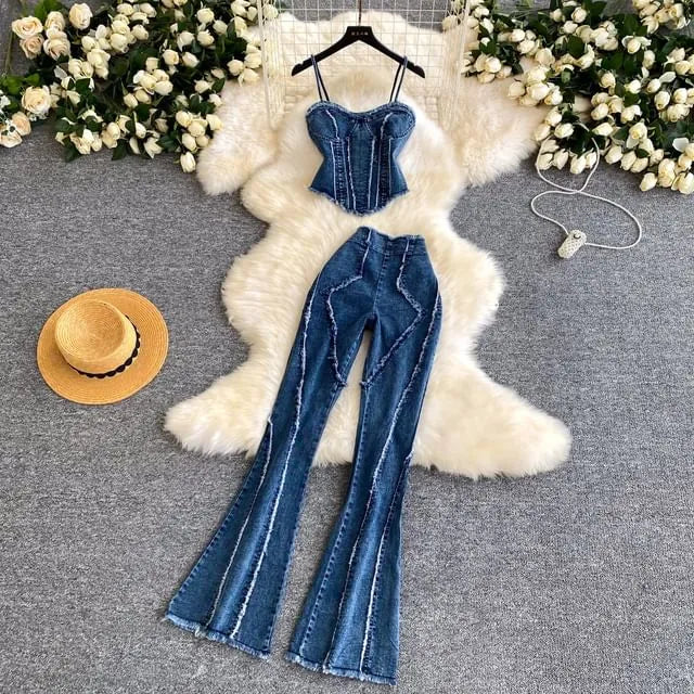 Set: Denim Corset Top + High Waist Bootcut Jeans