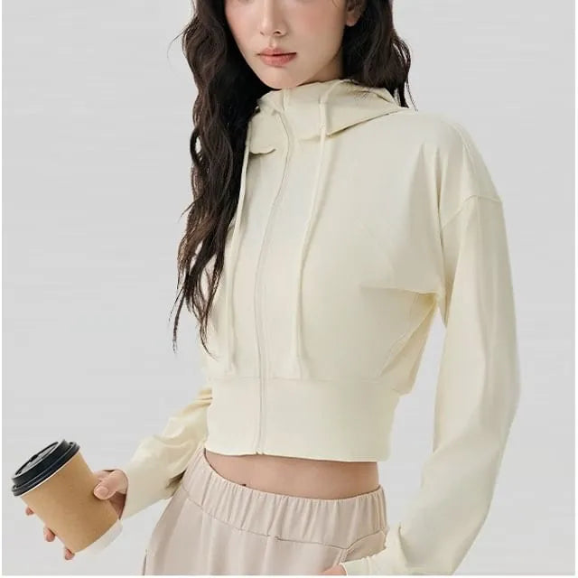 Stand Collar Plain Hood Zip Yoga Jacket