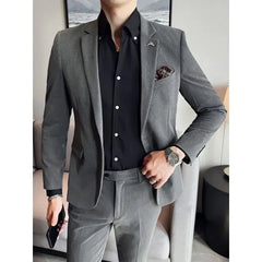 Set: Lapel Collar Plain Blazer + Tapered Dress Pants