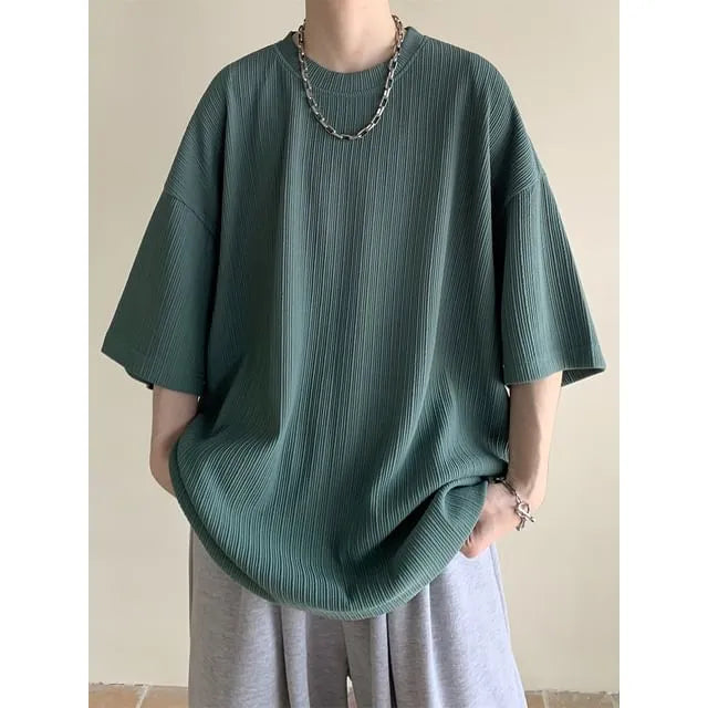Elbow-Sleeve Crew Neck Plain Ribbed Oversized T-Shirt