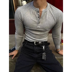 Long-Sleeve Plain Henley Collar Tee