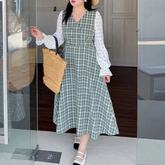 [XL-4XL] Long Sleeve V-Neck Plaid Panel Double Breasted Midi A-Line Dress