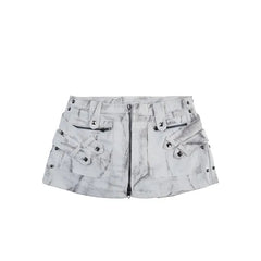 Mid Rise Tie Dye Studded Zip Mini Denim Skort