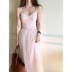 Spaghetti Strap  V-Neck Lace Trim Chiffon Panel Long Dress