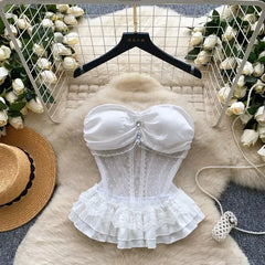 Detachable Strap Plain Rhinestone Peplum Panel Mesh Bustier Top