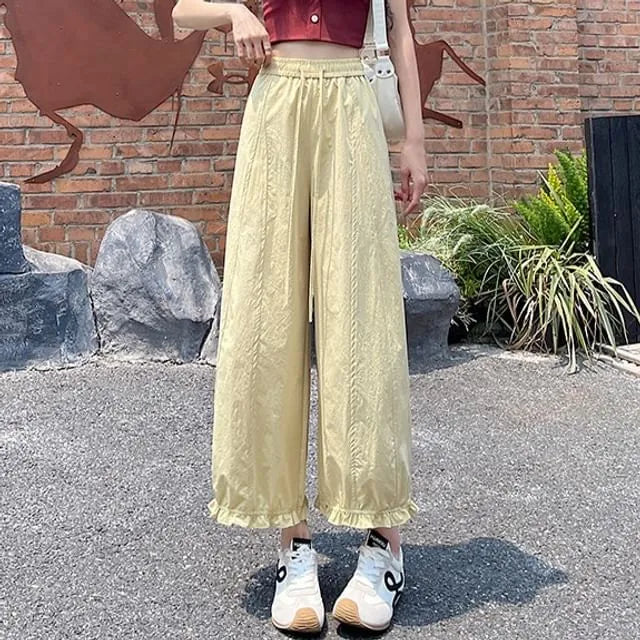 Drawstring Waist Plain Ruffle Cropped Baggy Pants