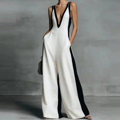 Sleeveless Deep Plunge Two Tone Wide Leg Jumpsuit