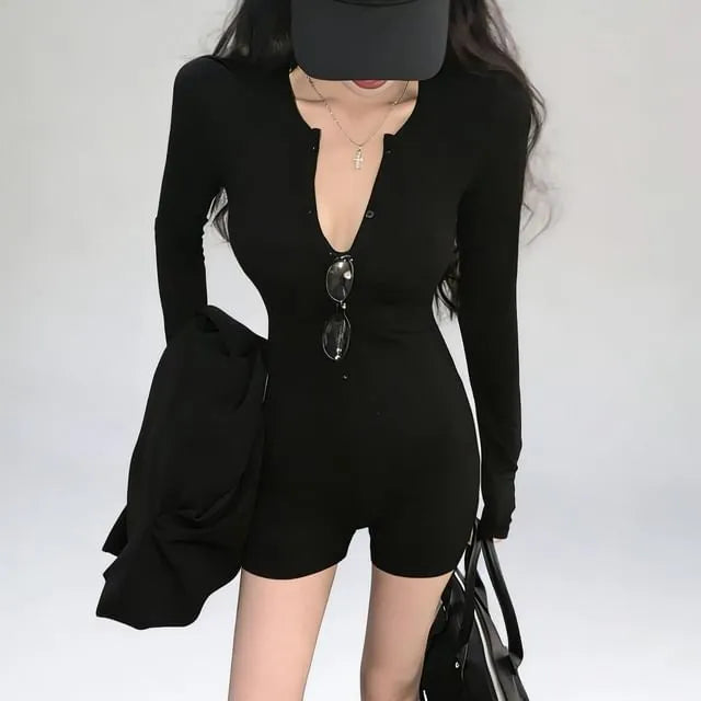 Long-Sleeve V-Neck Plain Romper