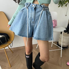 Low Waist Wide Leg Paperbag Denim Shorts