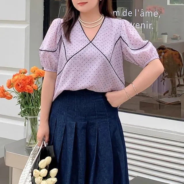 [XL-4XL] Short Sleeve V-Neck Micro Dotted Panel Blouse