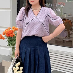 [XL-4XL] Short Sleeve V-Neck Micro Dotted Panel Blouse