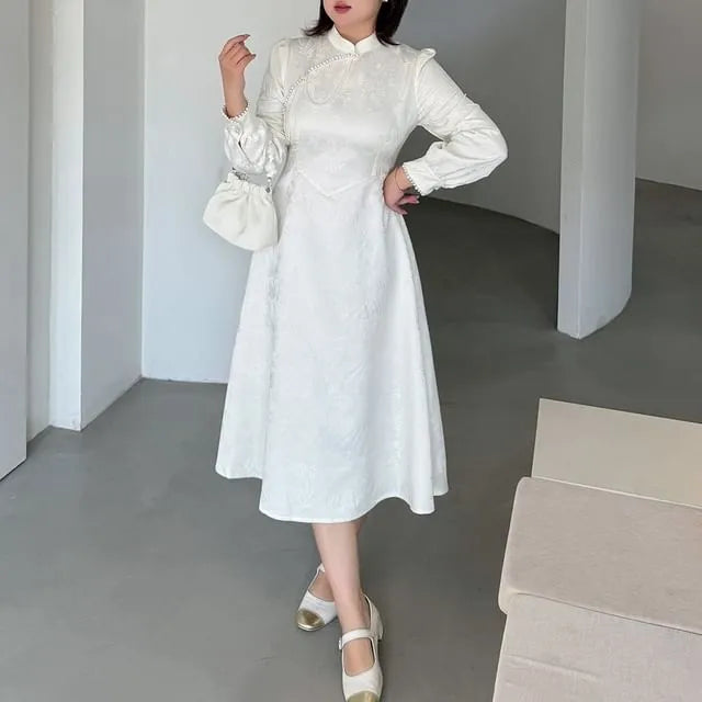 [XL-4XL] Long Sleeve Mandarin Collar Faux Pearl Trim Jacquard Midi A-Line Dress