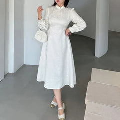 [XL-4XL] Long Sleeve Mandarin Collar Faux Pearl Trim Jacquard Midi A-Line Dress