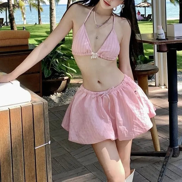 Set: Striped Bikini Top + Bottom + Cover-Up Skirt
