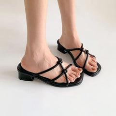 Low Heel Strappy Knot Faux Leather Slide Sandals