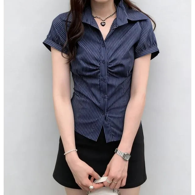 Short Sleeve Striped Ruched Slim-Fit Shirt