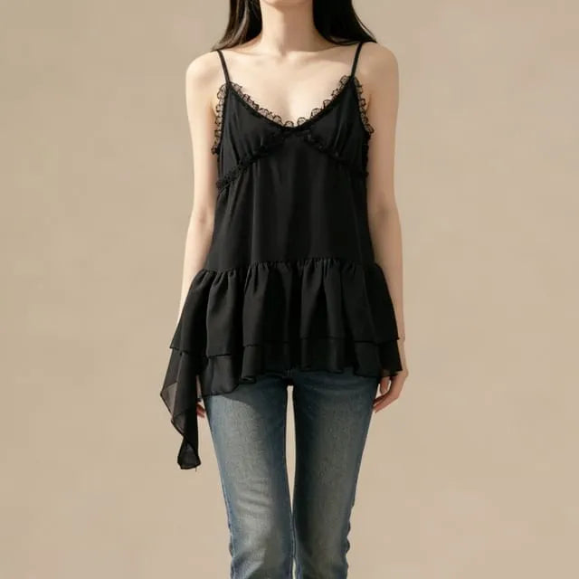 Spaghetti Strap V-Neck Plain Ruffle Asymmetrical Lace Mini A-Line Dress