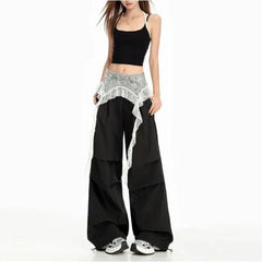 Mid Rise Lace Skirt Overlay Wide Leg Cargo Pants (Various Designs)