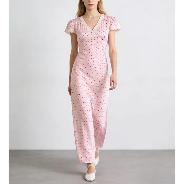 Cap Sleeve V-Neck Lace-Trim Polka Dot Maxi Pencil Dress
