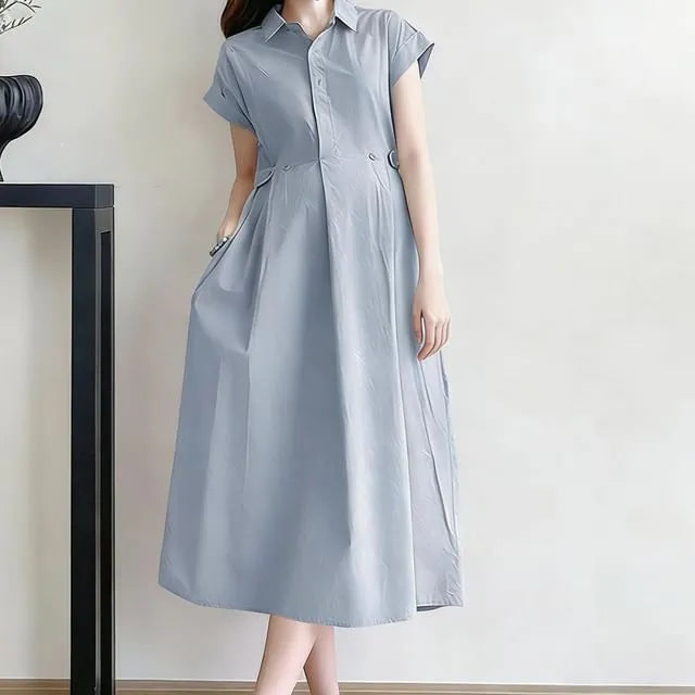 Maternity Cap Sleeve Collared Plain Midi A-Line Shirt Dress