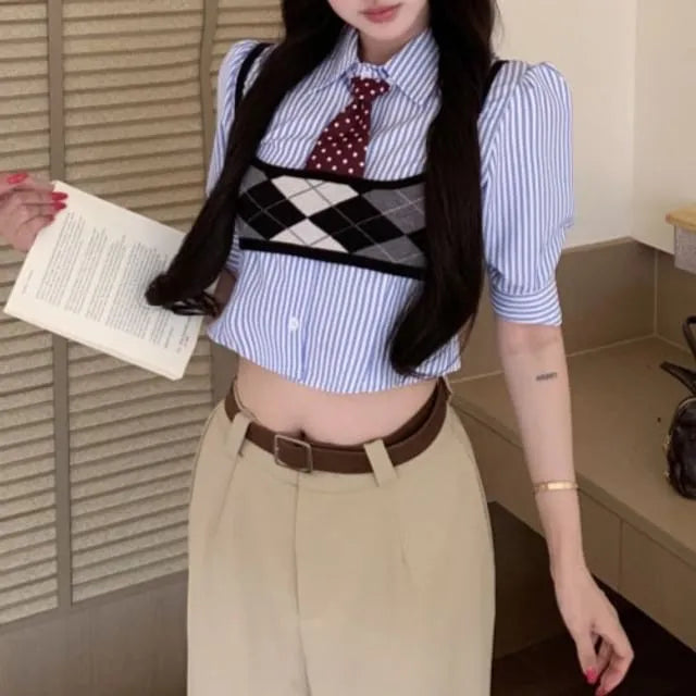 Short-Sleeve Collared Pinstriped Button Up Crop Shirt / Argyle Crop Camisole Top / Neck Tie / Mid Rise Plain Wide Leg Pants / Set