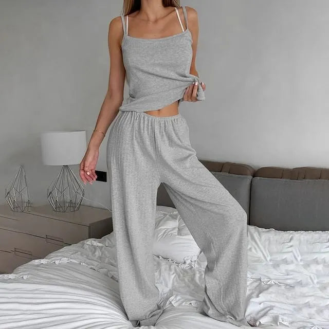 Pajama Set: Plain Crop Camisole Top + Pants