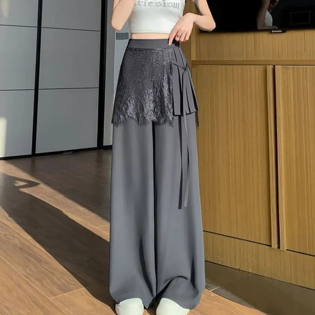 High Waist Plain Pleated Skirt Overlay Panel Lace Wide Leg Pants