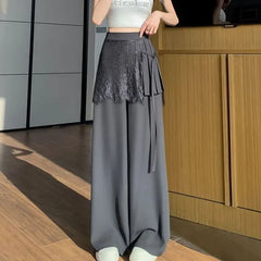 High Waist Plain Pleated Skirt Overlay Panel Lace Wide Leg Pants