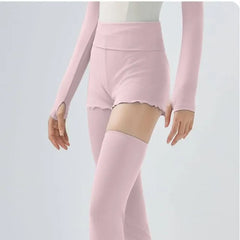 Plain Ribbed Knit Shrug / High Waist Lettuce Edge Dance Shorts / Set