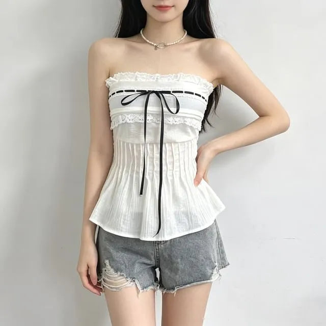 Strapless Lace Trim Flowy Tube Top