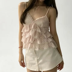 V-Neck Micro Dot Lace Trim Tiered Ruffle Crop Camisole Top