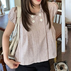 Short-Sleeve Square Neck Double Breasted Plaid Crop Blouse