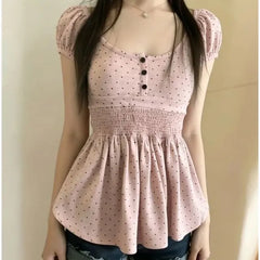 Puff Sleeve Scoop Neck Dotted Ruched Slim-Fit Top