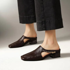 Faux Leather Cutout Chain-Detail Low-Heel Mules