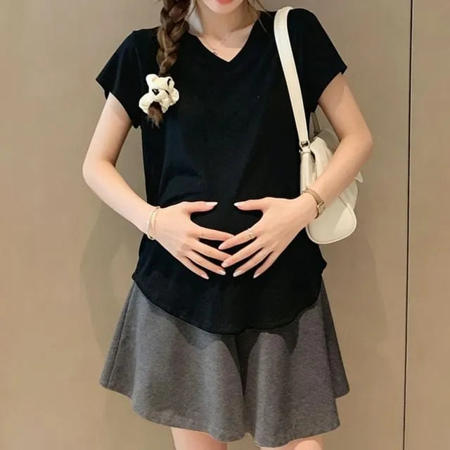 Maternity Cap Sleeve V-Neck Plain T-Shirt / Elastic Waist Plain Mini A-Line Skort