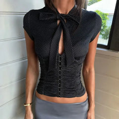 Short Sleeve Tie Collar Dotted Ruched Corset Crop Top