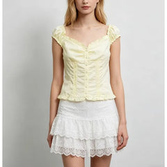 Cap Sleeve V-Neck Plain Ruffled-Trim Slim-Fit Blouse