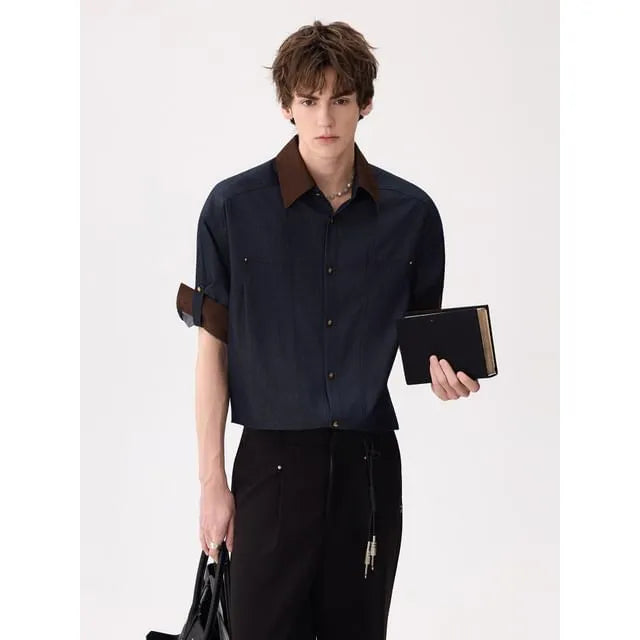 Elbow-Sleeve Contrast Collar Button-Up Shirt